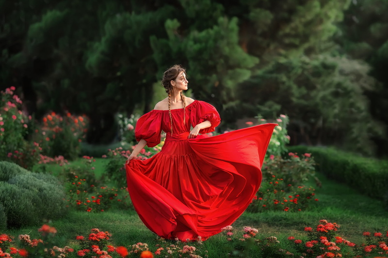 flowers, mood, girl, red dress, Anastasia Barmina, garden, pose, 1080P