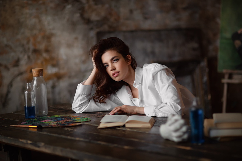 1080P, dark hair, bottles, women, women indoors, Anastasia Barmina, model, books