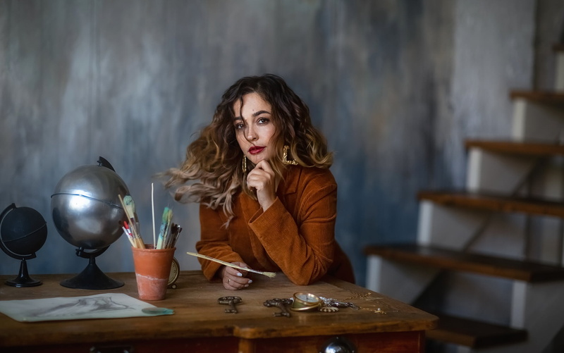girl, hair, room, table, Anastasia Barmina, 1080P, brush