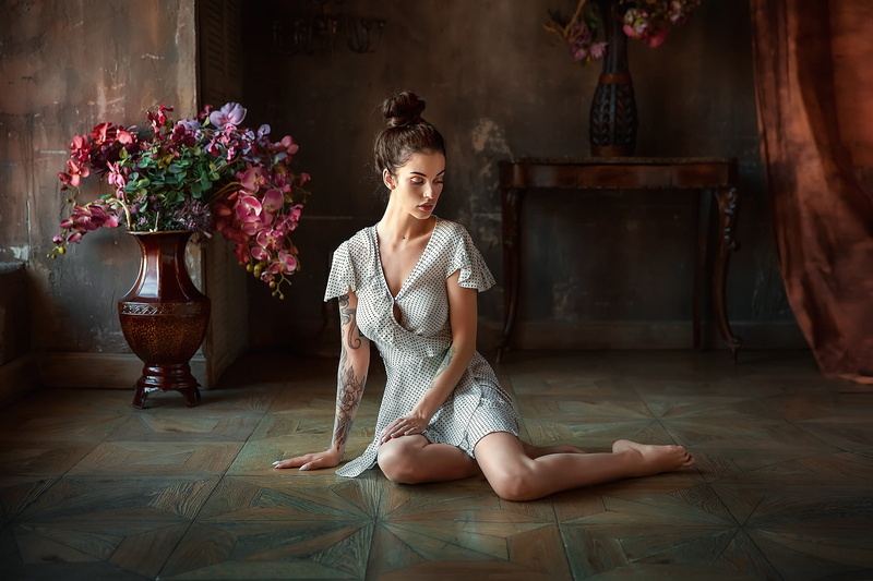 tattoo, Alla, pose, 1080P, Anastasia Barmina, dress, Girl