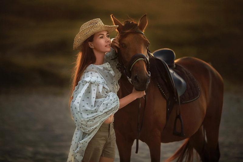 hat, pose, look, horse, Anastasia Barmina, girl, blouse, 1080P