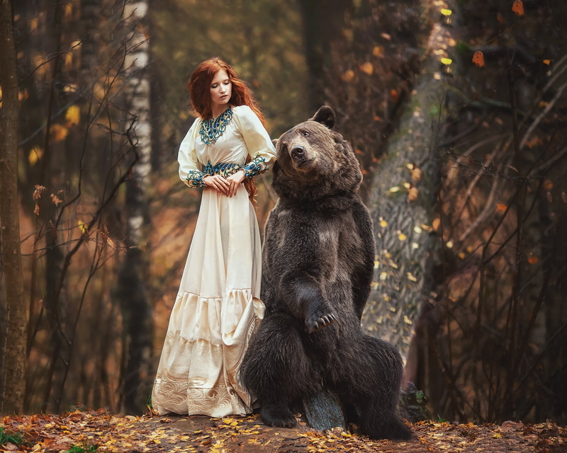 forest, girl, bear, autumn, Anastasia Barmina, pose, 1080P, redhead, dress, red