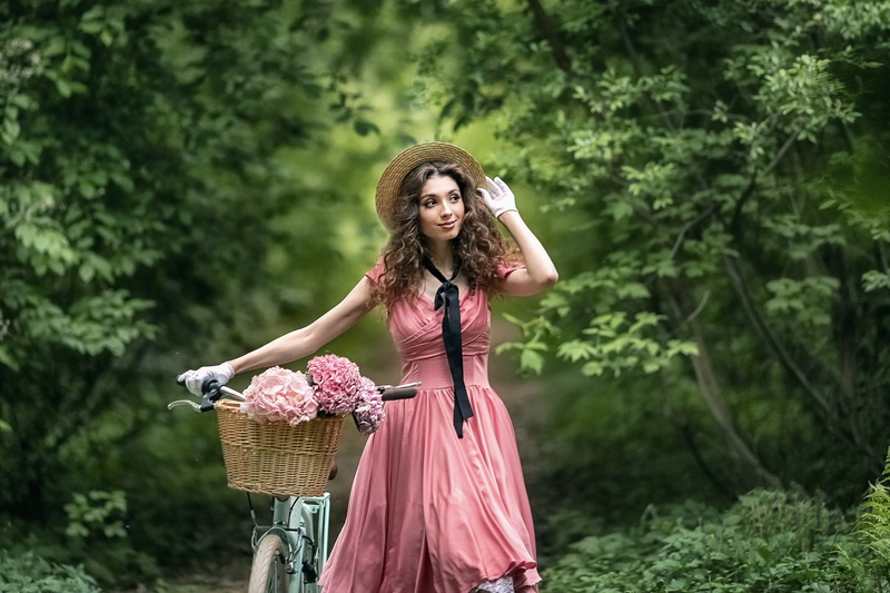 Ксения Ждахина, gloves, mood, hydrangea, nature, pose, bike, basket, curls, flowers, girl, Anastasia Barmina, dress, 1080P, hat, walk