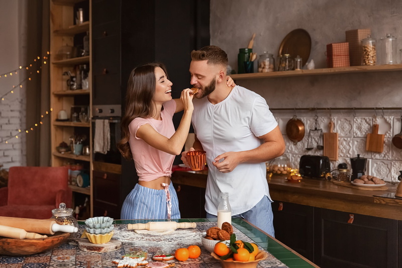 Anastasia Barmina, cakes, kitchen, male, tangerines, Anastasia Stravinsky, lovers, 1080P, girl, happiness