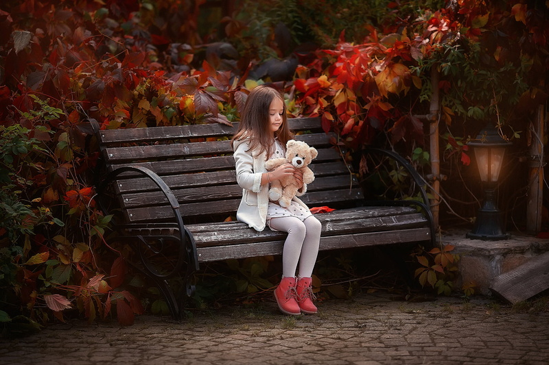 autumn, 1080P, toy, bear, girl, bench, Anastasia Barmina