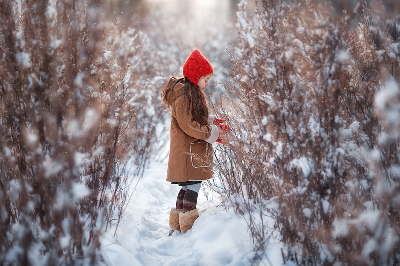Anastasia Barmina, the bushes, snow, girl, 1080P, nature, winter