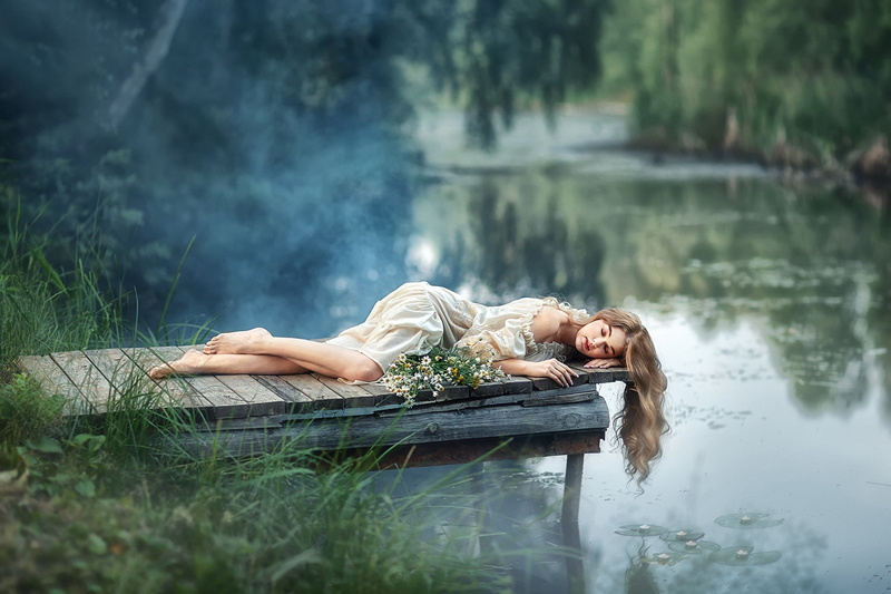 closed eyes, chamomile, bridges, river, dress, Anastasia Barmina, 1080P, girl, hair, pose, flowers, mood