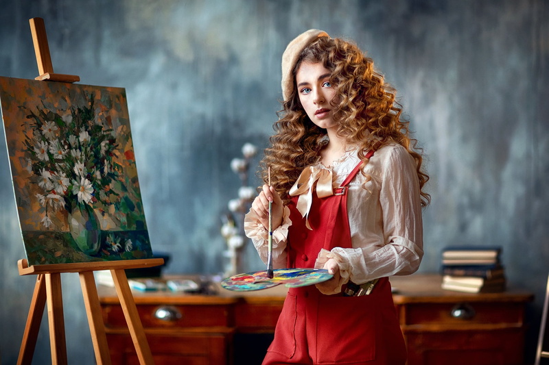 takes, look, artist, palette, curls, picture, brush, 1080P, easel, girl, Anastasia Barmina