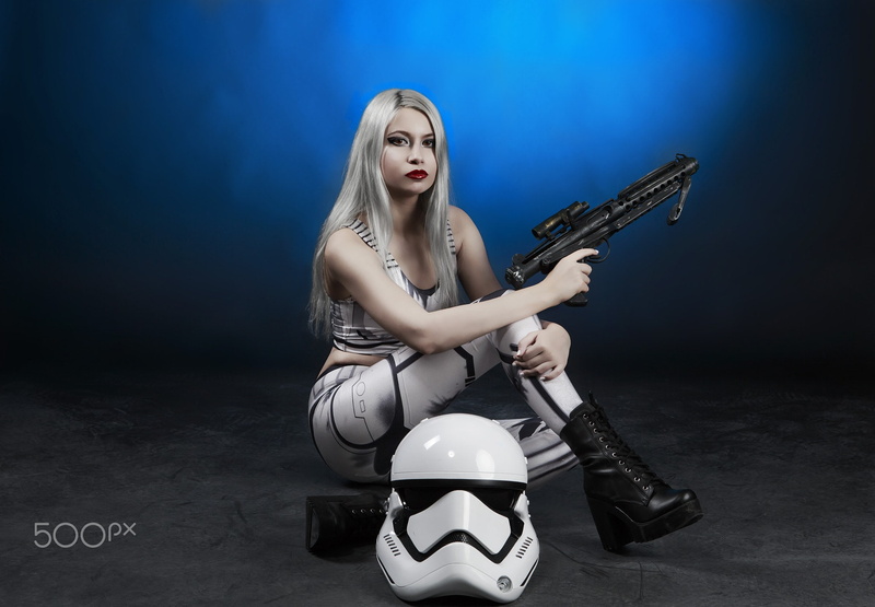 young women, Star Wars, indoors, beauty, cosplay, full length, gun, adult, Ilker Ureten, weapon, sign, one person, stormtrooper, 1080P, sitting, arts culture and entertainment