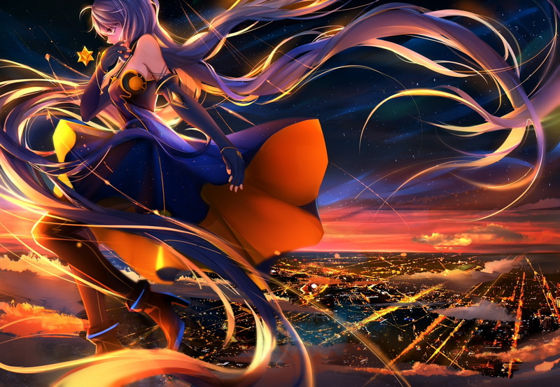 Stardust (Vocaloid), 1080P, city, long hair, stars, Vocaloid, clouds, dress, anime, anime girls, boots, sunset, floating, sky, thigh-highs