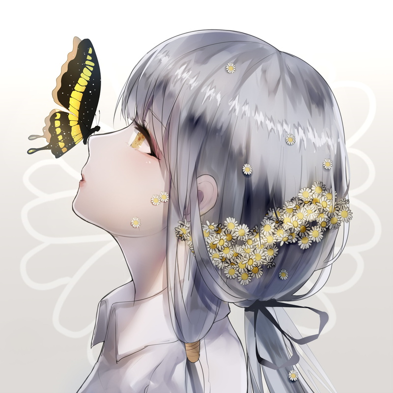 side view, freshness, fragility, vocaloid, beauty in nature, portrait, white color, flowering plant, human face, headshot, flower, happiness, flower head