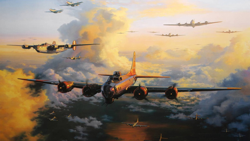 government, bombers, vapor trail, air force, motion, 1080P, air vehicle, flying, outdoors, painting, fighter plane, plane, military, Flying fortress, mid-air
