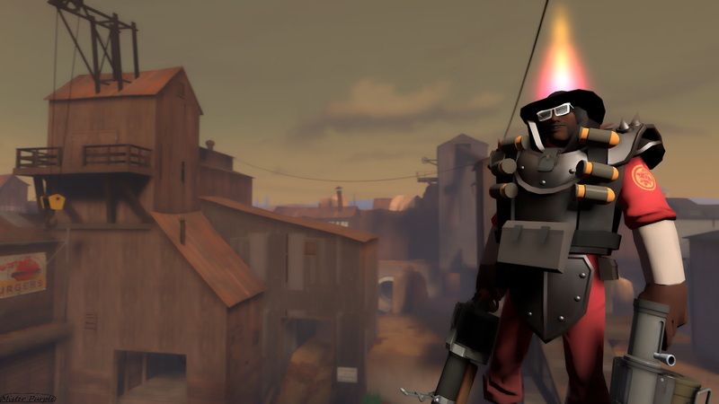 safety, 1080P, building exterior, weapon, Source Filmmaker, technology, representation, focus on foreground, no people, robot, Demoman, sky, nature, architecture