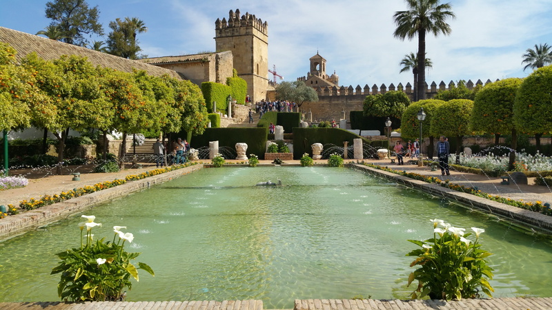 history, alcazar cordoba, castle of the christian monarchs, the past, alcázar of córdoba, pond, tourism, cityscape, plant, building exterior, outdoors