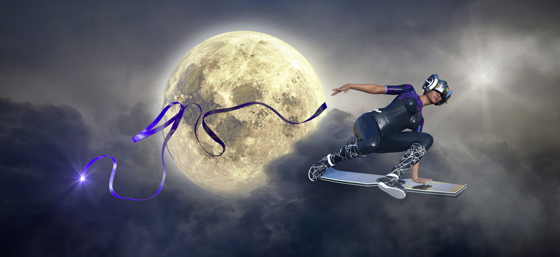 mysterious, woman, 5K, fantasy, band, dream, nature, female, outdoors, beautiful, air, skateboard, clouds, mood, sky, composing, sport, young adult, atmosphere