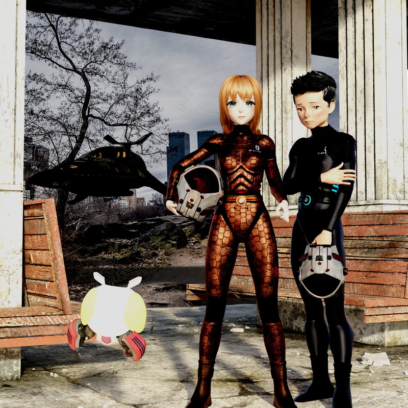 anime, female likeness, suit, photo, kawaii, mannequin, young women, apocalypse, standing, tree, full length, universe, people, spaceship, clothing, drone