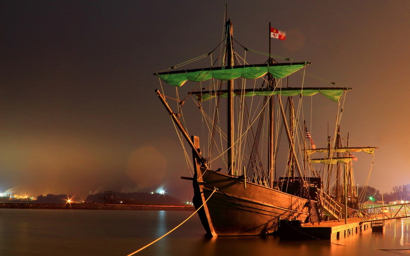 water, USA, ports, long exposure, dock, harbor, ship, lights, 1080P, flag, night, sailing ship