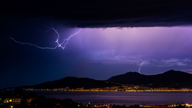electricity, forked lightning, storm, cityscape, power in nature, sea, cloud - sky, black, power, no people, lightning, nature, thunderstorm, 5K, blue