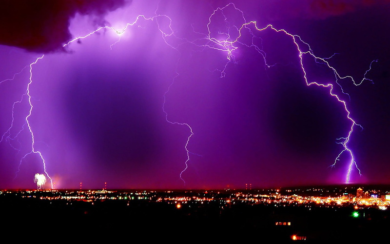thunderstorm, purple, architecture, sky, cityscape, lightning, communication, sign, meteorology, power in nature, ominous, city, cloud - sky, forked lightning