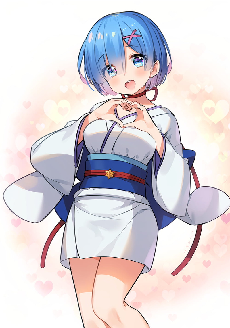 kimono, portrait display, Rem, open mouth, artwork, 720P, anime girls, Rem (Re: Zero), blue eyes, digital art, vertical, short hair, Re Zero, anime