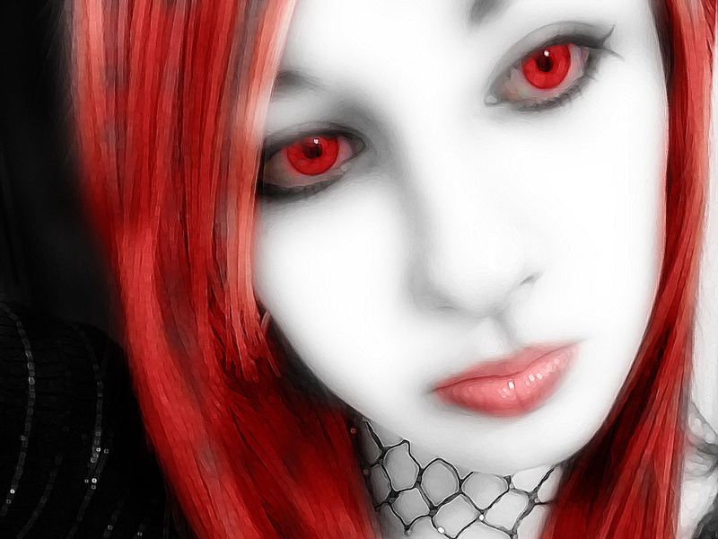 portrait, lifestyles, human lips, close-up, young women, vampire, hairstyle, contact, young adult, Gothic, red, lenses, body part, dyed red hair, one person