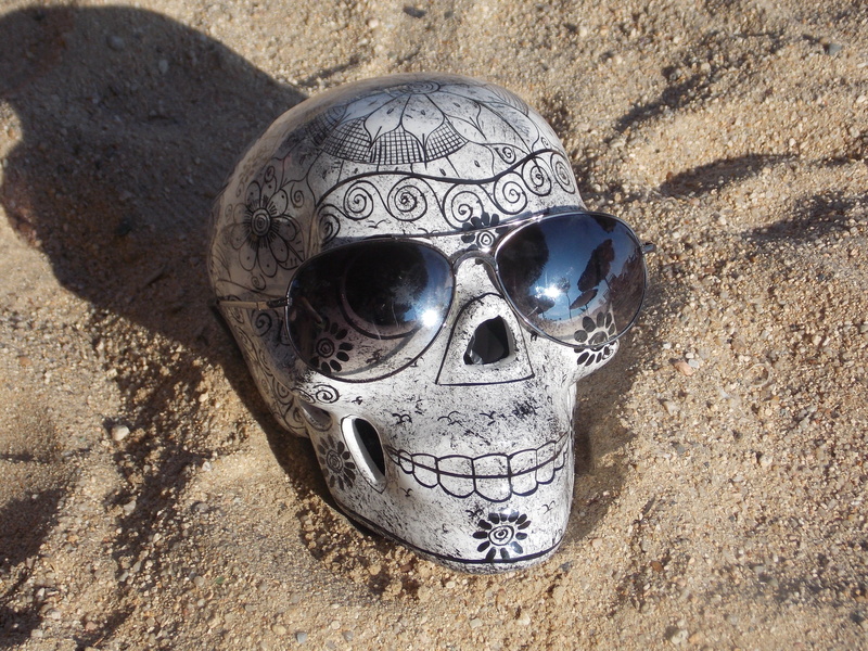 lenses, disguise, representation, bone, still life, high angle view, skull, mask - disguise, land, sunlight, nature, outdoors, beach, day, 4K, human skeleton