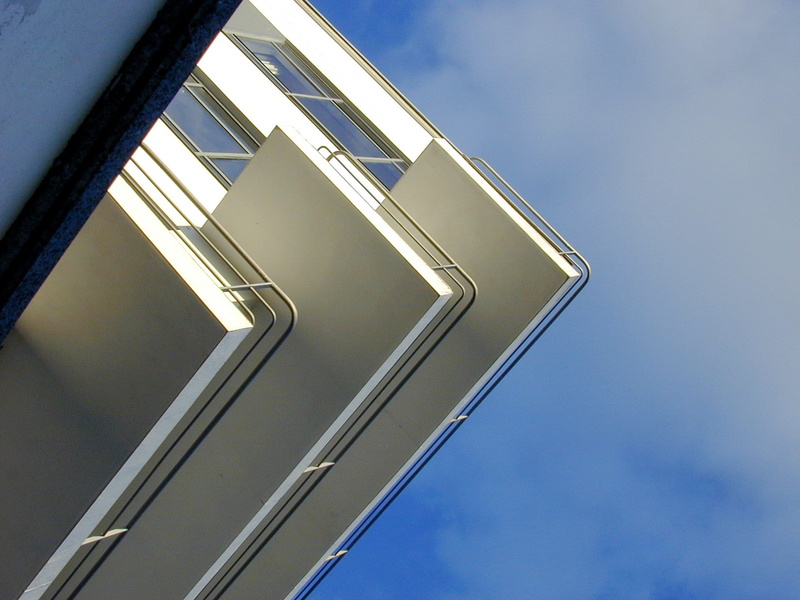 dessau, sky, sunlight, blue, skyscraper, bauhaus, building exterior, outdoors, no people, directly below, metal, low angle view, modern, pattern, day, building