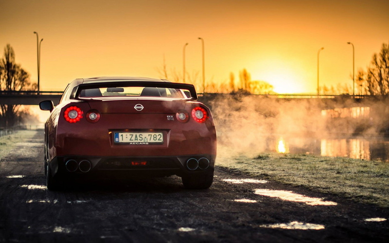 Sunset, GT-R, rear, R35, sun, Red, sport, car, Nissan, r, back, 1080P, gt
