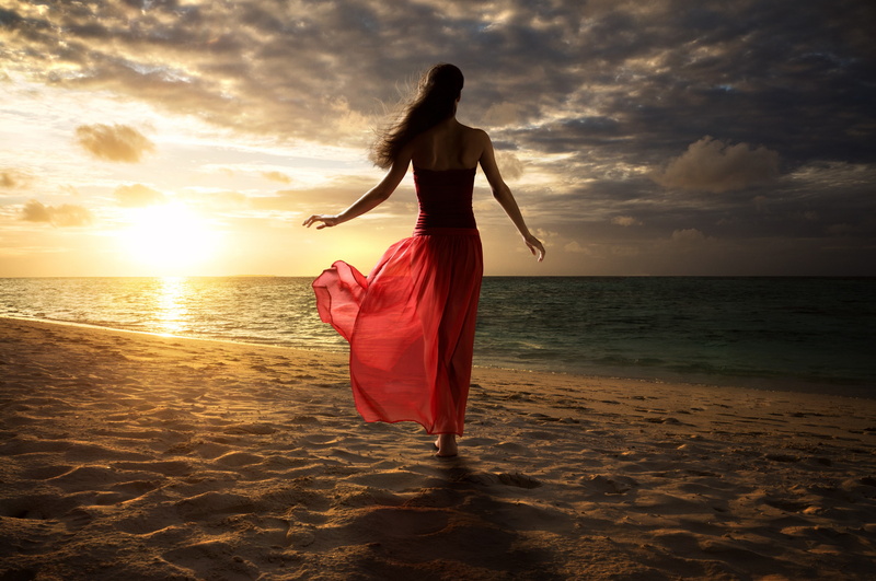 nature, sea, brunette, windy, red dress, back, clouds, sand, Sun, beach, 4K