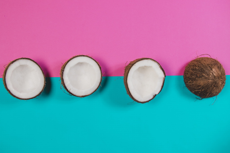 shells, coconuts, pink, coconut, 5K, blue, background