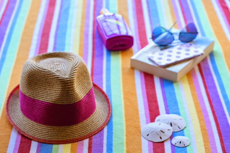 clothing, high angle view, vacation, close-up, protection, still life, straw hat, multi colored, 4K, Towel, sunglasses, security, holiday, no People, holidays