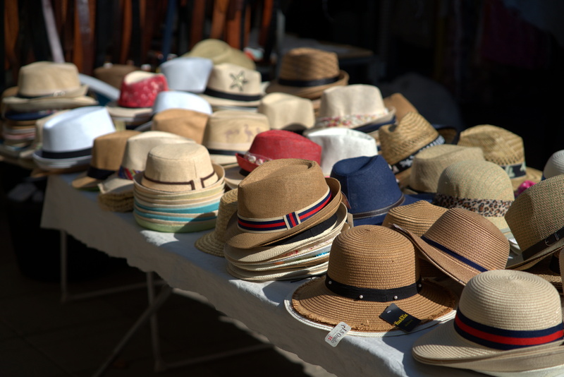 hat, business, street market, variation, high angle view, focus on foreground, sale, for sale, fashionable, summer hat, small business, headwear, straw hat