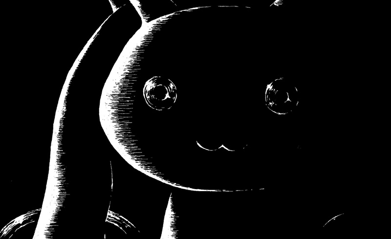 technology, anime, security, indoors, studio shot, Kyuubey, close-up, dark, nature, body part, bubble, metal, protection, no people, eye, portrait, detail