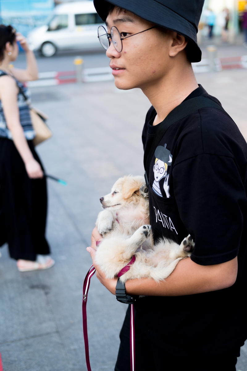 real people, black, person, focus on foreground, hat, pet owner, shoe, accessories, leisure activity, glasses, teenager, human, street, one animal, ho chi minh city