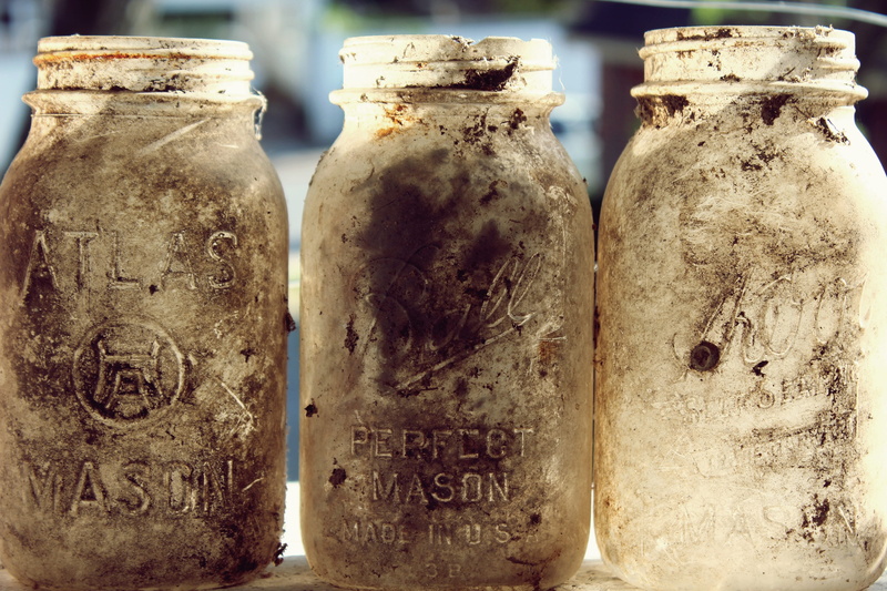vintage, focus on foreground, canning, glass, bottle, two objects, still life, refreshment, storage, kerr, dust, group of objects, mason, glass - material