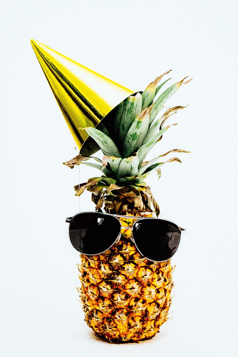 celebrate, 5K, cut out, photo, no people, birthday, food and drink, pineapple, wearing, black, fruit, plant part, food, yellow, party hat, still life