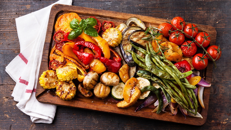 tomato, barbecue, platter, close-up, napkin, high angle view, vegetarian food, herb, grilled, potato, vegetable, dish, fruit, wood - material, healthy eating