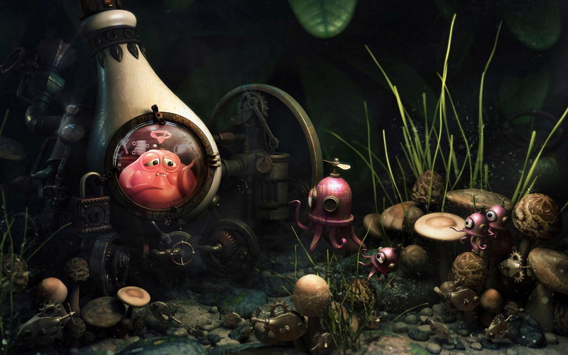 robot, character, sea, 1080P, monster, 1920x1200, robotic, fish, pink, fantasy, cartoon, sealife
