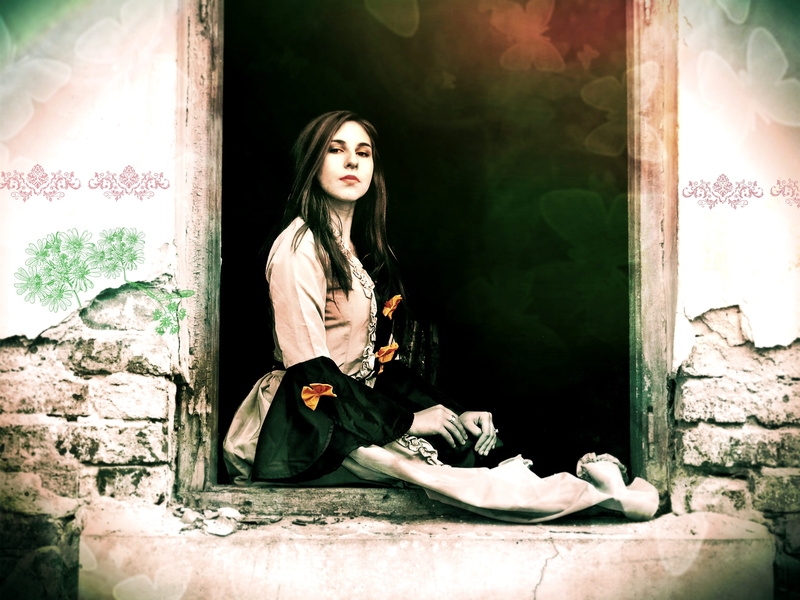 young, still life, young woman, looking, romantic, stone wall, temptation, building, old window, sitting, young women, feminine, sleeved, real people, leisure activity