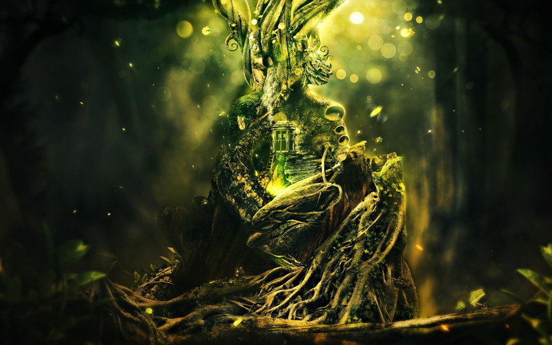1080P, forest, nature, sunlight, spots, sparkle, artistic, Cabin, fantasy, Green, leaves, digital, art, mood, buildings, architecture, CG, Tint, Trees