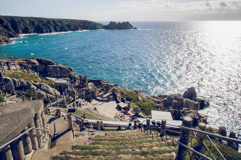 porthcurno, railing, the minack theatre, land, horizon over water, theatre, beach, 5K, beauty in nature, sea, landscape, play, rock - object, sky, outdoors