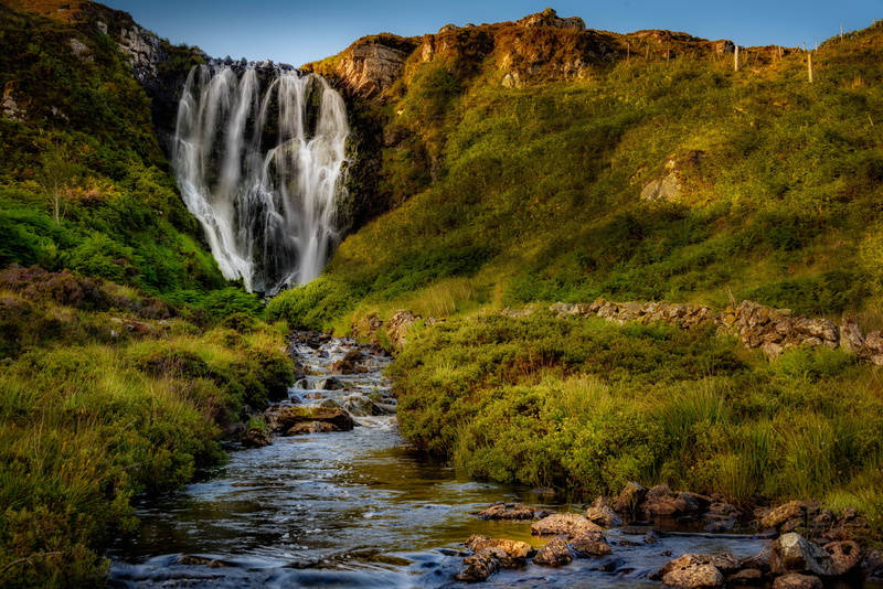 waterfall, 5K, GB, nature, river, Waterfalls, United Kingdom, Falls, Assynt, fall, blue, Landscapes, forest, Travel, blue sky, landscape, scenics, water