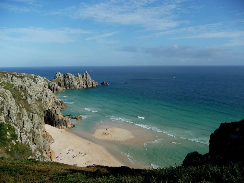 tourist, relaxing, sea, nature, horizon, stack rock, no people, cliff, Cornwall, Uk, scenics - nature, rock, summer, scenics, water, blue, Beach, Treen