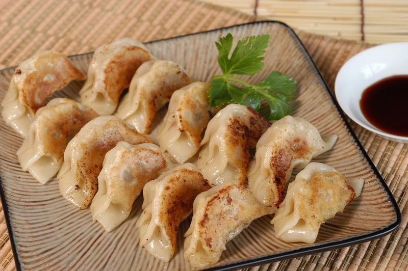 asian food, gyoza, herb, appetizer, sauce, food, chinese food, seafood, food and drink, close-up, no people, indoors, dumpling, freshness, meat, snack