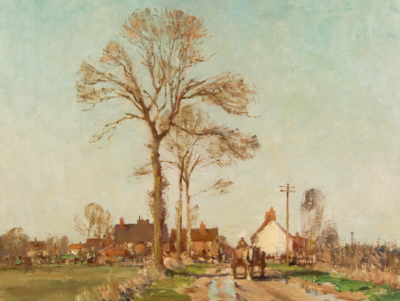 picture, trees, 1080P, road, landscape, Edward Seago, Village in Suffolk