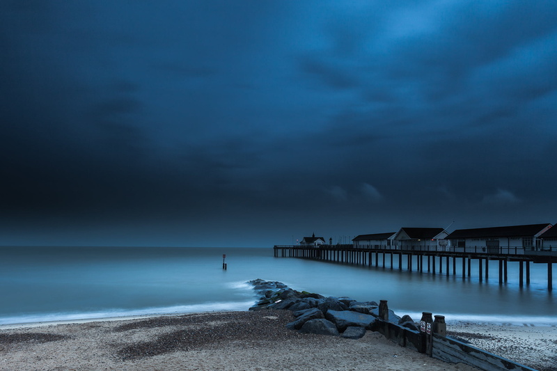sea, tranquil scene, clouds, dawn, outdoors, cloud - sky, beach, storm, England, built structure, architecture, nature, beauty in nature, pier, pierce