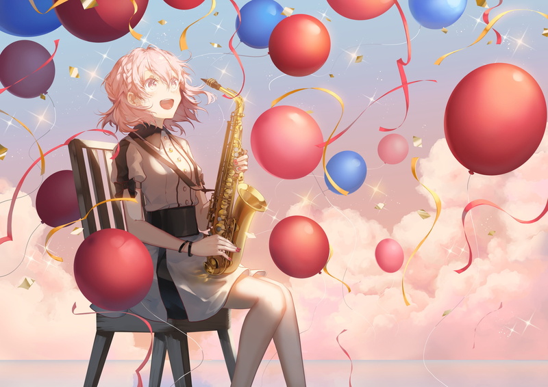 balloon, 2K, Saihate d3, Smile, saxophones, anime girls