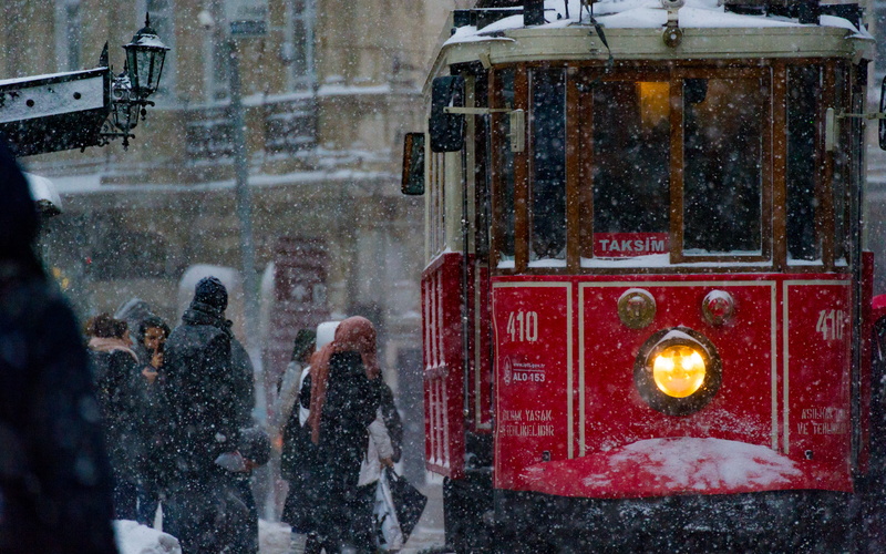 4K, istanbul, city, people, pedestrian, men, winter, daytime, outdoors, building exterior, headlight, adult, built structure, lifestyles, tram, storm