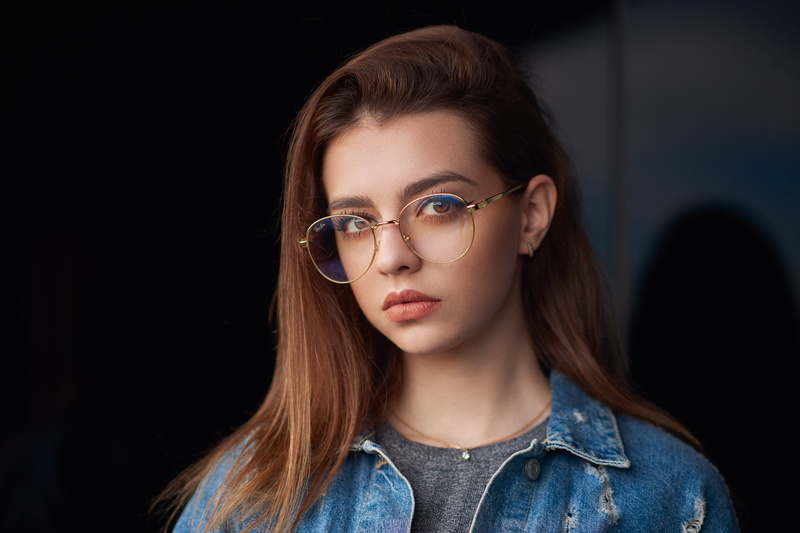 redhead, face, Ray-Ban, long hair, women with glasses, brown eyes, jeans jacket, 1080P, women, necklace, looking at viewer