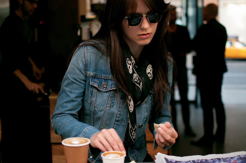 jean jacket, outdoors, coffee, Melissa Benoist, women with shades, women, 720P, actress, long hair, depth of field, Ray-Ban
